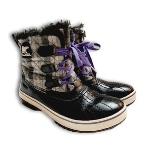 SOREL Tivoli II Plaid Short Lace-Up Snow Winter Boots Waterproof B&W Sz 8 Flawed